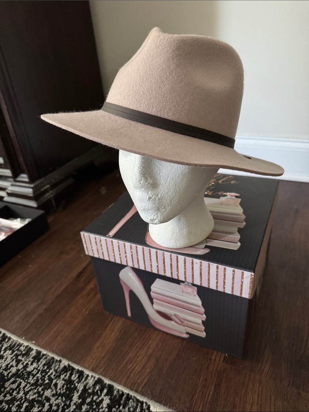 Wide-Brim Felt Fedora Hat in Taupe with Dark Band